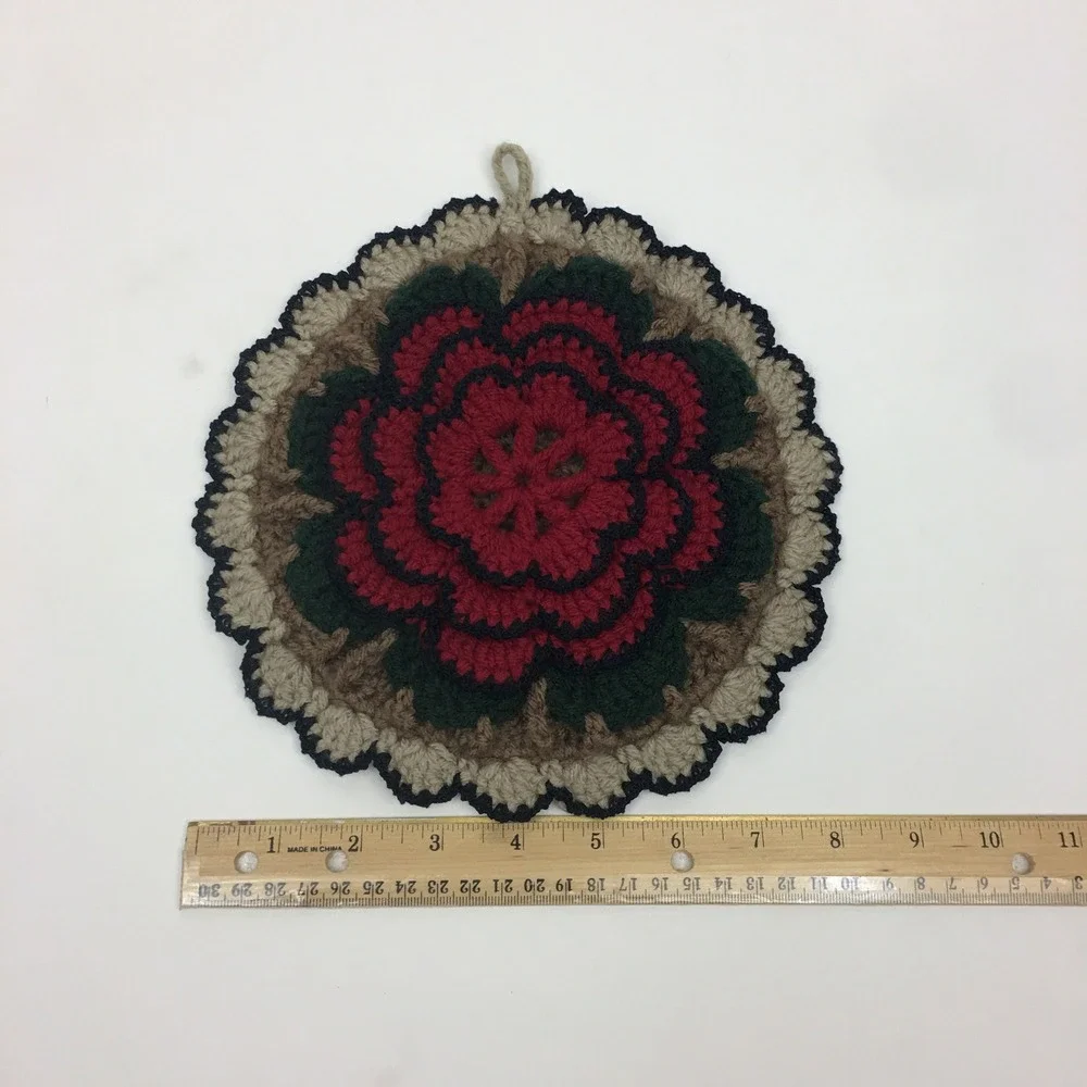 Handmade Vtg Crochet Hanging Decorative Pot Holder Trivet Flower Red Green Brown